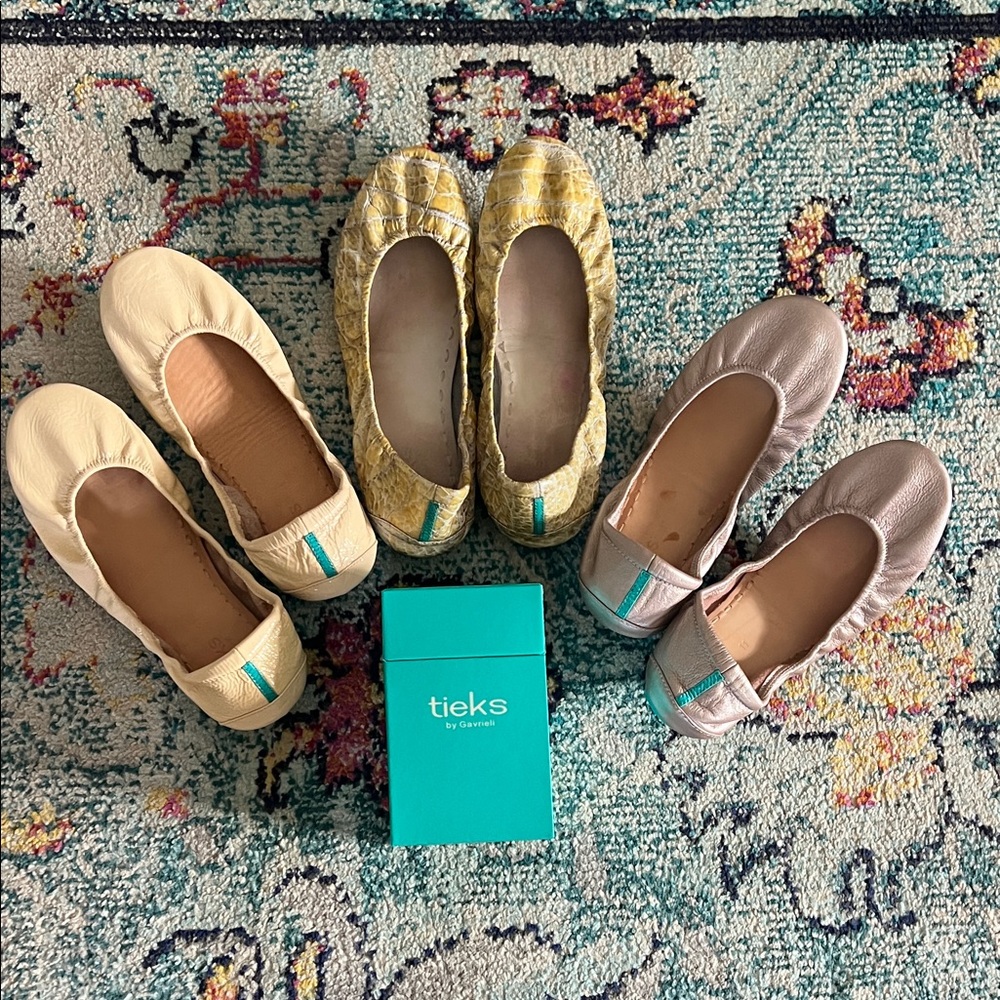 3 pair bundle of Tieks: Rosé, biscotti patent and RARE Desert Croc
